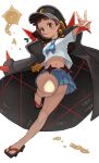  1girl absurdres ball_and_chain_(weapon) bangs black_coat blue_sailor_collar blunt_bangs bob_cut brass_knuckles brown_eyes brown_hair coat crescent crescent_hat_ornament hat_ornament highres jacket jeon_yong_ileum kill_la_kill knee_up looking_at_viewer mankanshoku_mako midriff_peek mouth_hold navel open_clothes open_coat outstretched_arm pleated_skirt sailor_collar school_uniform serafuku short_sleeves simple_background skirt solo stalk_in_mouth uniform weapon white_background 