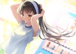  1girl adjusting_hair armpit_peek arms_behind_head arms_up bangs black_hair blurry blurry_background bokeh breasts brown_eyes commentary_request day depth_of_field dutch_angle floating_hair gym_uniform hair_strand hair_tie hair_tie_in_mouth hairband highres himuro_fuyuka kagawa_ichigo koori_no_reijou_no_tokashikata long_hair looking_away looking_down mouth_hold official_art orange_eyes outdoors ponytail shirt short_sleeves solo sweat tying_hair upper_body vending_machine white_shirt 