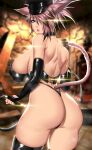  1girl absurdres anima_(togashi) animal_ears ass avatar_(ffxiv) bangs bare_shoulders black_corset black_gloves black_panties blue_eyes blurry blurry_background boots breasts cat_ears cat_tail choker cleavage commentary corset curvy dominatrix elbow_gloves final_fantasy final_fantasy_xiv fingerless_gloves g-string gloves hair_over_one_eye hat highleg highleg_panties highres holding holding_weapon large_breasts latex lips looking_at_viewer looking_back miqo&#039;te panties parted_lips peaked_cap pink_hair shiny shiny_clothes shiny_hair shiny_skin solo string_panties tail thigh_boots thighhighs thighs thong tied_hair underwear weapon whip 
