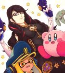  1boy 1girl bayonetta bayonetta_(series) bayonetta_3 black_hair braid cape clothing_cutout earrings eyeshadow glasses gloves hat highres inkling jewelry kirby kirby_(series) lipstick long_hair looking_at_viewer makeup mole mole_under_mouth multicolored_hair red_hair simple_background smile splatoon_(series) splatoon_3 streaked_hair super_smash_bros. truejekart twin_braids 