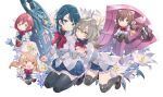  5girls aizawa_kazuha assault_lily blue_eyes blue_hair chibi chibi_inset flower grey_hair hand_on_another&#039;s_shoulder hatsukano_you herensuge_girls_academy_school_uniform iijima_renka kneeling lily_(flower) long_hair medium_hair mugen_factory multiple_girls sasaki_ran school_uniform serizawa_chikaru smile thighhighs weapon yellow_eyes zettai_ryouiki 