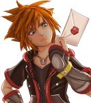  1boy bangs black_jacket black_shirt blue_eyes brown_hair confused english_commentary envelope head_tilt highres holding holding_envelope jacket jewelry kingdom_hearts kingdom_hearts_iii male_focus necklace shirt short_sleeves smash_invitation solo sora_(kingdom_hearts) spiked_hair stormyorha super_smash_bros. upper_body v-shaped_eyebrows white_background 