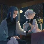  2boys animal_ears black_hair blue_flower bunny cat_boy cat_ears chairlog flower green_eyes highres holding indoors leaf long_hair long_sleeves luoxiaohei male_focus multiple_boys open_mouth short_hair the_legend_of_luo_xiaohei vase white_hair window wuxian_(the_legend_of_luoxiaohei) 