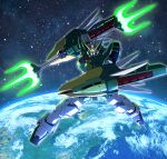  altron_gundam earth_(planet) green_eyes gundam gundam_wing gundam_wing_endless_waltz highres holding holding_shield holding_weapon looking_at_viewer mecha mobile_suit no_humans planet science_fiction shield shouji_nigou solo space v-fin weapon 