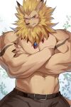  1boy animal_ears ao_(chung0u0) bara blonde_hair blue_eyes blush brown_fur brown_pants cowboy_shot crossed_arms digimon digimon_(creature) earrings furry furry_male highres jewelry large_pectorals leomon lion_boy lion_ears male_focus muscular muscular_male pants pectorals reward_available short_hair single_earring solo topless_male 