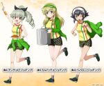  3girls alternate_hairstyle anchovy_(girls_und_panzer) anzio_(emblem) arm_up artist_request bandana bangs bare_shoulders black_bow black_footwear black_hair black_shorts blonde_hair blush bow bracelet braid breasts brown_eyes carpaccio_(girls_und_panzer) character_name clothes_around_waist collarbone drill_hair emblem eyebrows_visible_through_hair food food_in_mouth fork girls_und_panzer girls_und_panzer_senshadou_daisakusen! gradient gradient_background green_eyes green_hair green_headwear green_jacket grey_legwear hair_bow holding holding_clothes holding_food holding_fork holding_jacket holding_plate holding_pot jacket jacket_around_waist jewelry jogging legs long_hair looking_at_viewer mouth_hold multiple_girls official_art one_eye_closed open_mouth pasta pepperoni_(girls_und_panzer) pizza pizza_slice plate polka_dot polka_dot_shorts ponytail pot red_eyes second-party_source shirt shoes short_hair short_shorts shorts sidelocks sleeveless sleeveless_shirt smile sneakers socks thighs track_jacket visor_cap wristband yellow_background yellow_shirt 