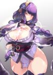  1girl aster_crowley bangs braid breasts cleavage closed_mouth commentary_request cowboy_shot eyebrows_visible_through_hair genshin_impact gradient gradient_background hair_ornament highres japanese_clothes kimono large_breasts long_hair looking_at_viewer mole mole_under_eye no_panties purple_eyes purple_hair purple_kimono purple_legwear raiden_shogun simple_background smile thick_thighs thighhighs thighs 