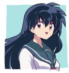  1girl :d bangs black_hair blue_background brown_eyes eyebrows_visible_through_hair green_sailor_collar hair_between_eyes highres higurashi_kagome inuyasha kuuma25_kuma long_hair looking_at_viewer open_mouth sailor_collar sailor_shirt school_uniform shirt smile solo upper_body very_long_hair white_shirt 