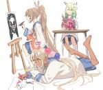  3girls antlers barefoot blonde_hair branch brown_hair canvas_(object) ceres_fauna closed_eyes crayon dark-skinned_female dark_skin desk drawing feather_hair_ornament feathers green_hair hair_ornament hololive hololive_english leaf limiter_(tsukumo_sana) long_hair lying multiple_girls nanashi_mumei on_stomach pako planet_hair_ornament ponytail school_uniform serafuku simple_background sitting spore_(game) tsukumo_sana very_long_hair virtual_youtuber white_background yatagarasu_(tsukumo_sana) yellow_eyes 