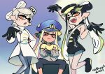  2021 3girls :o agent_3_(splatoon_3) arm_up artist_name bangs bare_shoulders black_dress black_footwear black_gloves black_hair black_pants black_undershirt blonde_hair blue_headwear breasts callie_(splatoon) choker coat colo_(nagrolaz) commentary crossed_arms dress earrings english_commentary fang fangs feet_out_of_frame frown gloves gold_trim grey_legwear grey_shirt hair_ornament hair_up hand_on_hip hand_up hat jewelry looking_at_viewer marie_(splatoon) military_hat mole mole_under_eye multicolored_hair multicolored_shirt multiple_girls one_eye_closed open_mouth orange_eyes pants pantyhose pointy_ears sash shirt short_eyebrows short_hair short_hair_with_long_locks sidelocks simple_background sitting small_breasts smile splatoon_(series) splatoon_3 spread_legs standing strapless swept_bangs symbol-shaped_pupils tentacle_hair thick_eyebrows tied_hair torn_clothes torn_pants two-tone_hair white_choker white_coat white_hair white_legwear white_sash yellow_eyes yellow_shirt 
