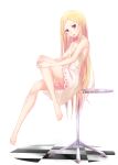  1girl armpits bakemonogatari bangs bare_shoulders barefoot blonde_hair breasts checkered checkered_floor collarbone commentary dress full_body head_tilt highres hugging_own_legs kiss-shot_acerola-orion_heart-under-blade kizumonogatari knee_up long_hair looking_at_viewer looking_to_the_side monogatari_(series) narumi_muran older on_table oshino_shinobu parted_bangs pointy_ears red_eyes simple_background sitting sitting_on_table sleeveless sleeveless_dress small_breasts solo sundress table toes tongue tongue_out turning_head very_long_hair white_background white_dress younger 