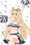  1girl armpits artist_name blonde_hair blush bow breasts character_name cheerleader collarbone confetti eyebrows_visible_through_hair feet_out_of_frame gamryous girls&#039;_frontline green_bow green_hairband hair_bow hairband hands_up highres holding holding_pom_poms long_hair looking_at_viewer medium_breasts navel number_tattoo open_mouth pom_pom_(cheerleading) ponytail red_eyes skirt smile solo standing standing_on_one_leg sv-98_(girls&#039;_frontline) tank_top tattoo underboob white_background white_skirt white_tank_top 