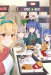  4girls aqua_shirt artist_name black_collar blonde_hair blue_hair blush bow closed_mouth collar doomguy eyebrows_visible_through_hair food gamryous girls&#039;_frontline glasses green_bow green_hairband grey_hair grey_shirt hair_bow hair_ornament hairband hairclip highres holding holding_food k11_(girls&#039;_frontline) light_purple_eyes long_hair looking_at_viewer m200_(girls&#039;_frontline) max_payne multiple_girls ponytail print_shirt purple_eyes red_eyes red_scarf scarf shambler shirt side_ponytail simple_background sitting smile sv-98_(girls&#039;_frontline) tray v white_shirt 