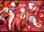  5boys bandages cleft_chin gift glasses headgear holding holding_gift kaidou_shun kuboyasu_aren light_blue_hair male_focus multicolored_hair multiple_boys nendou_riki pink_hair pirika_(rm0315) purple_hair red_suit saiki_kusuo saiki_kusuo_no_psi_nan scar scar_across_eye sunglasses toritsuka_reita two-tone_hair 