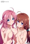  2girls absurdres ahoge asymmetrical_docking bangs blue_eyes blush braid breast_hold breast_press breasts brown_hair closed_mouth collarbone completely_nude eyebrows_visible_through_hair frown hair_between_eyes hair_ornament hair_scrunchie hand_on_own_chest highres kouroya_sutea large_breasts long_hair looking_at_viewer megami-ryou_no_ryoubo-kun megami_magazine multiple_girls nakashige_shunsuke nude official_art pink_hair saotome_atena scan scrunchie simple_background small_breasts smile topless upper_body white_background 