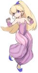  1girl bare_shoulders blonde_hair blue_eyes breasts closed_mouth commentary_request earrings full_body hoop_earrings jewelry karukan_(monjya) long_hair looking_at_viewer pointy_ears ponytail primm seiken_densetsu seiken_densetsu_2 simple_background solo weapon white_background 