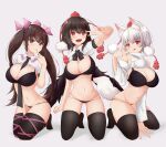  3girls :d :q animal_ear_fluff animal_ears bangs between_breasts bikini black_hair black_legwear breasts brown_eyes brown_hair cleavage commentary_request cowboy_shot eyebrows_visible_through_hair finger_to_mouth grey_background hand_on_ground hat highres himekaidou_hatate inubashiri_momiji kneeling large_breasts long_hair mamo_murata midriff multiple_girls navel necktie necktie_between_breasts open_mouth pom_pom_(clothes) red_eyes shameimaru_aya short_sleeves simple_background smile stomach swimsuit tail thighhighs tokin_hat tongue tongue_out touhou twintails v white_hair wings wolf_ears wolf_tail 