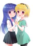  2girls :d bangs black_hairband black_legwear black_skirt blonde_hair blue_hair blunt_bangs blush bow closed_mouth collared_shirt commentary_request dress dress_shirt eyebrows_visible_through_hair fang furude_rika gaou_(babel) green_dress hair_between_eyes hairband hands_up higurashi_no_naku_koro_ni holding_hands houjou_satoko interlocked_fingers long_hair looking_at_viewer multiple_girls open_mouth pantyhose pink_bow pleated_skirt puffy_short_sleeves puffy_sleeves red_eyes sailor_collar sailor_dress shirt short_sleeves simple_background skirt smile suspender_skirt suspenders very_long_hair white_background white_sailor_collar white_shirt yellow_neckwear 