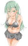 1girl absurdres bangs bikini black_bikini black_skirt blush breasts cleavage commentary_request green_eyes green_hair hair_between_eyes hair_ornament hairclip highres kantai_collection large_breasts long_hair maonatten navel simple_background skirt solo suzuya_(kancolle) swimsuit white_background 