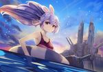  1girl animal_ears azur_lane bad_source bangs bare_arms bare_shoulders blue_sky breasts cannon choujikuu_yousai_macross closed_mouth cloud cloudy_sky collarbone commentary_request crossover energy_cannon eyebrows_visible_through_hair fake_animal_ears hair_between_eyes hairband highres laffey_(azur_lane) lifebuoy long_hair macross manjirou_(manji_illust) md5_mismatch mecha outdoors pink_hairband ponytail purple_hair rabbit_ears red_eyes red_swimsuit sdf-1 sky small_breasts solo space_craft sunset swimsuit thrusters turret water 