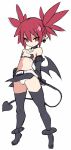  1girl bat_wings choker demon_girl demon_tail disgaea earrings elbow_gloves etna flat_chest full_body gloves jewelry karukan_(monjya) looking_at_viewer navel panties pointy_ears red_eyes red_hair simple_background skirt skull_earrings solo tail thighhighs twintails underwear white_background white_panties wings 