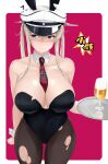  1girl absurdres alcohol animal_ears beer between_breasts black_legwear black_leotard blonde_hair border breasts cleavage cowboy_shot cup detached_collar drinking_glass fake_animal_ears graf_zeppelin_(kancolle) grey_eyes hair_between_eyes hat highres jacket kantai_collection large_breasts leotard maruyaa_(malya1006) neckerchief pantyhose peaked_cap playboy_bunny rabbit_ears red_background sidelocks solo strapless strapless_leotard torn_clothes torn_legwear tray twintails two-tone_background white_border white_headwear wine_glass wrist_cuffs 
