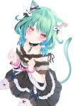  1girl animal_ear_fluff animal_ears bangs black_dress blue_hair cat_ears cat_girl cat_tail collarbone commentary_request cuffs dress ear_piercing eyebrows_visible_through_hair frilled_dress frilled_legwear frills garter_straps gradient_hair green_hair handcuffs highres hololive looking_at_viewer multicolored_hair off_shoulder parted_lips piercing red_eyes sakura_yunuto simple_background sitting solo tail thighhighs uruha_rushia virtual_youtuber white_background white_legwear 