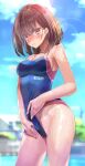  1girl absurdres bangs bare_arms bare_shoulders blue_sky blue_swimsuit blurry blurry_background blush breasts brown_hair closed_mouth clothes_lift cloud commentary_request competition_swimsuit cowboy_shot day depth_of_field eyebrows_visible_through_hair highres lens_flare lifted_by_self looking_at_viewer medium_breasts one-piece_swimsuit original outdoors purple_eyes rur_(ml_ruru) short_hair sky smile solo swimsuit swimsuit_lift thighs wet 