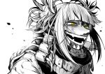  1girl blood boku_no_hero_academia bruise commentary_request double_bun fangs injury looking_away messy_hair monochrome open_mouth school_uniform short_hair simple_background solo takatsuki_ichi teeth toga_himiko upper_body white_background yellow_eyes 