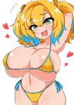  +_+ 1girl :d areolae arms_up bangs bikini blonde_hair blue_eyes blue_hair bombergirl breasts cameltoe colored_tips covered_nipples curvy fang grenade_hair_ornament hair_between_eyes hair_intakes heart highres huge_breasts medium_hair moyashi_udon multicolored_hair navel open_mouth pine_(bombergirl) shortstack side-tie_bikini simple_background skin_fang smile solo swimsuit twintails two-tone_hair upper_body white_background yellow_bikini 