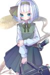  1girl absurdres bag bangs black_bag black_bow black_bowtie black_hairband black_ribbon blue_eyes bow bowtie commentary cowboy_shot flower green_sweater_vest grey_hair hair_ribbon hairband highres holding holding_bag holding_own_arm katana konpaku_youmu konpaku_youmu_(ghost) long_sleeves looking_at_viewer medium_hair ribbon shirt simple_background solo sweater_vest sword touhou veni_tsubaki weapon white_background white_shirt 