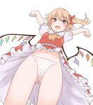  1girl :d arms_up ascot ass_visible_through_thighs bangs blonde_hair cameltoe commentary crystal eyebrows_visible_through_hair fang flandre_scarlet frilled_shirt_collar frilled_skirt frills from_below hair_between_eyes hair_ribbon highres looking_at_viewer looking_down miyo_(ranthath) navel open_mouth panties red_eyes red_ribbon red_skirt red_vest ribbon shirt short_hair short_sleeves side_ponytail simple_background skin_fang skirt skirt_set smile solo touhou underwear upskirt vest white_background white_panties white_shirt wings yellow_ascot 