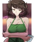  1girl apron bare_shoulders barista border breasts brown_eyes brown_hair cafe closed_mouth covered_nipples cup disposable_cup english_text green_apron haysey highres holding holding_cup holding_marker iced_latte_with_breast_milk_(meme) kawakami_sadayo large_breasts marker meme naked_apron persona persona_5 short_hair skeptical white_border 