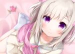  1girl animal_ears animare bare_legs blurry bow candy cardigan depth_of_field dress food highres lollipop long_hair looking_at_viewer open_cardigan open_clothes purple_eyes sailor_dress sch shiromiya_mimi silver_hair smile socks virtual_youtuber white_legwear 