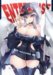  1girl alternate_costume azur_lane bangs breasts cleavage collarbone english_text enterprise_(azur_lane) enterprise_(wind_catcher)_(azur_lane) eyebrows_visible_through_hair eyewear_on_head flag glasses hat holding holding_flag kive large_breasts long_hair looking_at_viewer open_mouth ponytail purple_eyes race_queen silver_hair solo thighhighs upper_body 