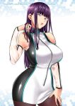  1girl arm_up bare_shoulders blue_eyes breasts cowboy_shot dress eyebrows_visible_through_hair full-length_zipper hand_on_own_leg hand_on_own_shoulder highres large_breasts long_hair looking_at_viewer official_art pantyhose purple_hair shouno_kotarou shuumatsu_no_harem solo suou_mira white_dress zipper 