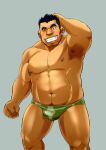 1boy armpit_hair armpits avarga_(housamo) bara belly briefs bulge chest_hair commentary_request dark-skinned_male dark_skin ei_(marutendon) facial_hair feet_out_of_frame green_male_underwear grin hand_on_own_head large_pectorals long_sideburns male_focus male_pubic_hair male_underwear mature_male muscular muscular_male navel navel_hair nipples pectorals plump print_male_underwear pubic_hair short_hair sideburns smile solo stomach stubble thick_thighs thighs tokyo_afterschool_summoners topless_male underwear 