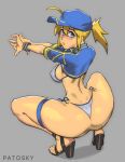  1girl ahoge artoria_pendragon_(fate) ass baseball_cap bikini black_footwear blonde_hair blue_eyes breasts breasts_outside covered_nipples dimples_of_venus english_commentary fate/grand_order fate_(series) from_behind full_body hair_through_headwear hat high_heels highres huge_ahoge light_smile looking_back medium_breasts medium_hair mysterious_heroine_xx_(fate) narrow_waist patosky ponytail short_ponytail shrug_(clothing) side-tie_bikini sideboob silver_bikini solo spread_legs squatting swimsuit thigh_strap thighs thong_bikini toeless_footwear turning_head wide_hips wristband 