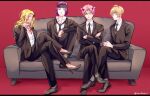  aiura_mikoto black_suit blonde_hair character_name couch dark_skin hair_ornament hairclip headband headgear long_hair on_couch pink_hair pirika_(rm0315) purple_eyes purple_hair saiki_kusuo saiki_kusuo_no_psi_nan tinted_eyewear toritsuka_reita 