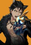  1boy abs animal animal_collar animal_costume animal_ears black_collar black_hair black_jacket collar commentary earrings eyeliner eyeshadow fangs fangs_out fate/grand_order fate/prototype fate/prototype:_fragments_of_blue_and_silver fate_(series) fur-trimmed_jacket fur_trim halloween halloween_costume highres holding holding_animal jacket jewelry looking_at_viewer makeup male_focus nipples open_clothes open_jacket open_mouth orange_background ozymandias_(fate) sakura_hitsuji short_hair solo symbol-only_commentary teeth toned toned_male twitter_username wolf_boy wolf_costume wolf_ears yellow_eyes 