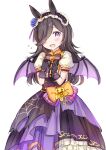  1girl animal_ears bangs black_bow black_gloves black_hair black_skirt blush bow commentary_request demon_wings eyebrows_visible_through_hair fangs flying_sweatdrops frilled_skirt frills gloves hair_over_one_eye horse_ears long_hair looking_at_viewer make_up_in_halloween!_(umamusume) official_alternate_costume open_mouth orange_bow puffy_short_sleeves puffy_sleeves purple_bow purple_eyes purple_wings rice_shower_(umamusume) shirt short_sleeves simple_background skirt solo striped striped_bow umamusume very_long_hair wataame27 wavy_mouth white_background white_shirt wings 