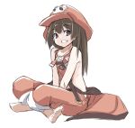  1girl barefoot brown_eyes brown_hair feet guilty_gear hat heart karukan_(monjya) long_hair looking_at_viewer may_(guilty_gear) orange_headwear pirate_hat simple_background skull_and_crossbones smile solo white_background 