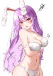  1girl animal_ears bangs blush bra breast_hold breasts cleavage collarbone furrowed_brow highres large_breasts light_purple_hair lingerie long_hair looking_at_viewer navel open_mouth panties rabbit_ears reisen_udongein_inaba sefushi shiny shiny_skin sidelocks simple_background solo squiggle standing stomach thighs touhou underwear upper_body white_background white_bra white_panties 