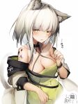  1other 2girls absurdres amiya_(arknights) animal_ear_fluff animal_ears arknights armband bangs bare_shoulders blunt_bangs blush breasts cat_tail choker cleavage coat collarbone commentary doctor_(arknights) dress green_dress green_eyes grey_coat grey_hair highres kal&#039;tsit_(arknights) long_sleeves looking_at_viewer medium_hair multiple_girls nyan off_shoulder oripathy_lesion_(arknights) rabbit_ears revision sidelocks smile solo_focus sound_effects tab_head tail translated upper_body white_background 