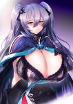  1girl absurdres alternate_breast_size azur_lane bangs blush bra breasts breasts_outside cape cleavage commission dress gigantic_breasts gloves hair_between_eyes hand_on_own_chest highres intrepid_(azur_lane) lace-trimmed_bra lace_trim light_purple_hair long_hair looking_at_viewer nori_(artist) purple_bra purple_cape purple_gloves simple_background solo taut_clothes taut_dress twintails underwear 