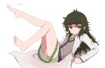  1girl arm_support bangs bare_legs barefoot blush commentary dress feet full_body green_dress green_eyes green_hair hiyajou_maho kahlua_(artist) labcoat legs_up long_hair long_sleeves lying messy_hair on_back open_clothes panties pantyshot parted_lips simple_background solo steins;gate sweat thick_eyebrows translated triangle_mouth underwear upskirt white_background white_panties 