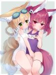  2girls animal_ear_fluff animal_ears arashiya arknights ass between_legs blonde_hair blush braid fingering fox_ears fox_girl fox_tail goggles goggles_on_head green_eyes grey_background hair_ornament hairband hand_between_legs hand_on_own_chest highres hug long_hair multiple_girls multiple_tails one-piece_swimsuit red_eyes red_hair school_swimsuit shamare_(arknights) simple_background smile suzuran_(arknights) swimsuit tail thigh_gap thigh_strap thighs twin_braids twintails white_swimsuit yuri 