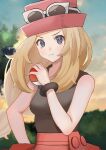  1girl absurdres blonde_hair blush bracelet breasts closed_mouth cloud collared_shirt commentary_request eyelashes eyewear_on_headwear frown grey_eyes hand_up hat highres holding holding_poke_ball jewelry long_hair looking_at_viewer okuro_zmzm outdoors poke_ball poke_ball_(basic) pokemon pokemon_(game) pokemon_xy serena_(pokemon) shirt skirt sky sleeveless sleeveless_shirt solo sunglasses 