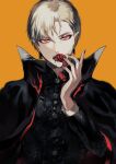  1boy bangs black_cape black_shirt blonde_hair blood blood_from_mouth brown_nails buttons cape commentary earrings eyeliner eyeshadow fang fang_out fangs fate/extra fate/extra_ccc fate/grand_order fate/hollow_ataraxia fate/stay_night fate/strange_fake fate/zero fate_(series) floral_print flower gilgamesh_(fate) halloween halloween_costume hand_up highres holding holding_flower jewelry looking_at_viewer makeup male_focus nail_polish open_mouth orange_background petals red_cape red_eyes red_flower red_rose rose rose_petals sakura_hitsuji shirt short_hair solo symbol-only_commentary teeth twitter_username two-tone_cape upper_body vampire vampire_costume 