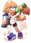  1girl bike_shorts black_shorts full_body inkling karukan_(monjya) long_hair looking_at_viewer navel open_mouth orange_eyes orange_hair paint_roller pointy_ears shirt shoes shorts simple_background sneakers solo splatoon_(series) t-shirt tentacle_hair weapon white_background white_shirt 